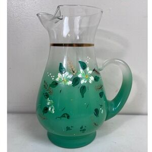 Vintage Floral Pitcher Green Ombre Glass Gold Trim Blendo? West Virginia?‎